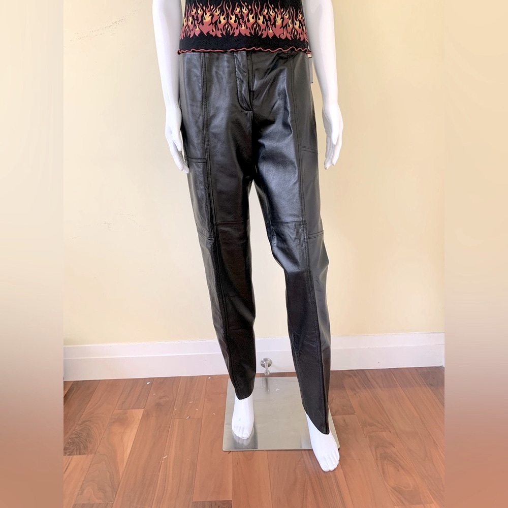 Danier brand black shiny soft real leather pants straight leg front zipper US 10